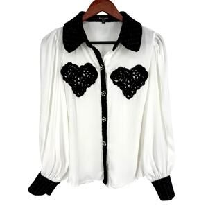 BEULAH Style Sz Small White Black Formal Long Sleeve Valentine Blouse Shirt Top